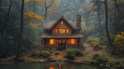 A cozy cabin nestled in the woods, surrounded by towering trees. AI generate illustration