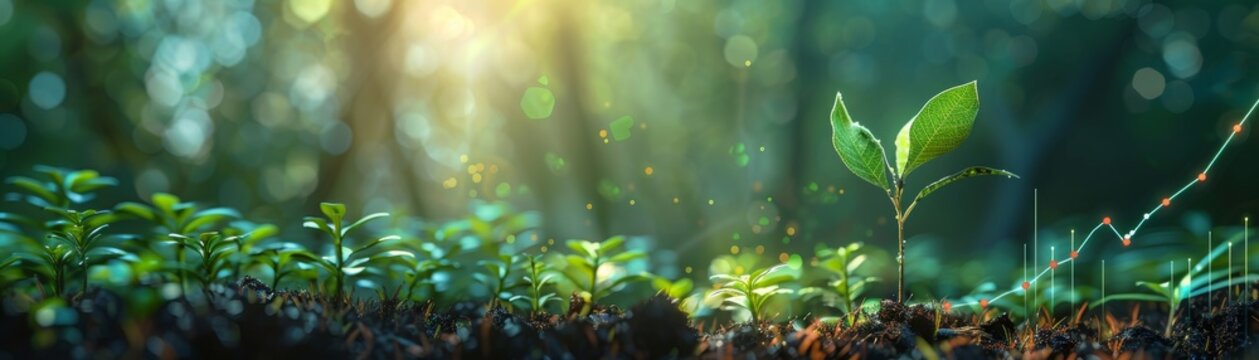 A single seedling emerging in a forest with an upward financial graph in the background, financial prosperity concept, clear and vibrant, highquality, detailed image.