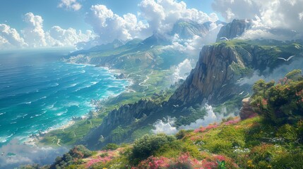 A cliffside overlooking the ocean, with crashing waves. AI generate illustration