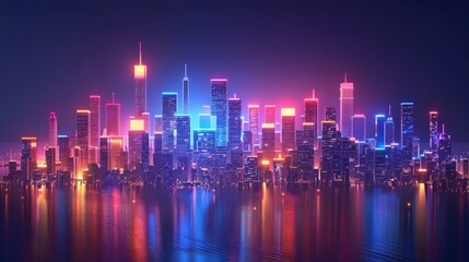 Night city flat design side view urban theme 3D tetradic color scheme