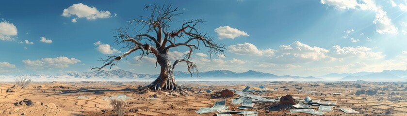 A dead tree in a desert wasteland with torn banknotes around, representing financial distress, highresolution, clear and bleak, sharp and professional image.