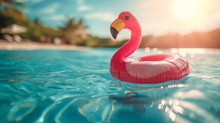 Inflatable flamingo floating in blue water at a summer pool party.