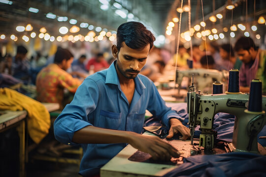 Young tailor sews clothes in a workshop for making dresses