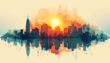 Draw a sunny cityscape in flat design, front view, urban theme, water color, Triadic Color Scheme
