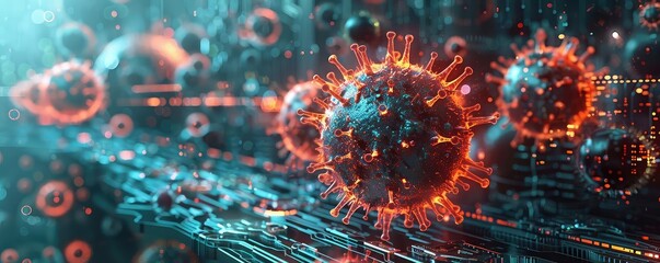 Obraz premium Virus invading a digital landscape, Cyberpunk, High Contrast, Dark Background, Digital Art, Representing digital threats