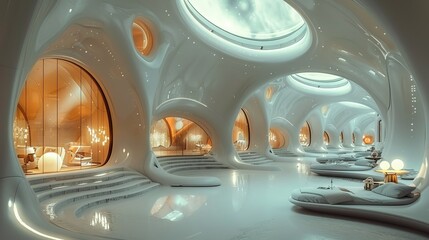 A futuristic sci-fi setting with sleek architecture and advanced technology. AI generate illustration