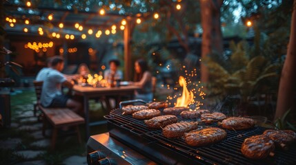 A group of friends hosting a barbecue in backyard. AI generate illustration