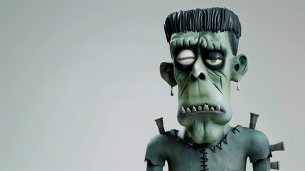 A 3D cartoon Frankenstein monster with bolts in its neck horror in Halloween trick or treat