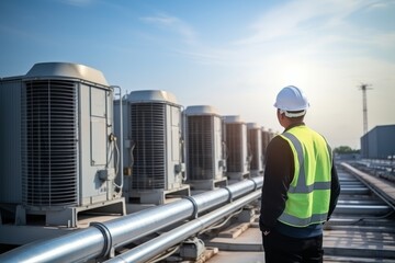 Fototapeta premium Engineer inspecting water cooling tower air chiller hvac system in industrial building