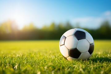Fototapeta premium Soccer ball on lush green field in a vibrant stadium setting with a bustling crowd