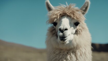 An adorable white and brown alpaca or llama stands out on a blue background.