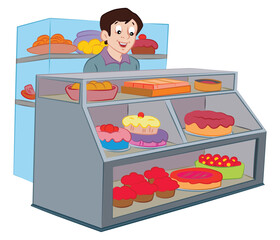 Worker standing behind the counter at bakery vector image