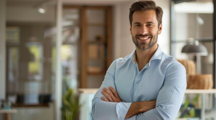 Confident Business Success: Cheerful Businessman in a Contemporary Office