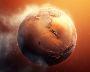A stunning digital illustration of a Mars-like planet with vivid orange-red hues, floating in the vast cosmos, accentuated by surrounding fog.