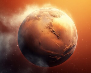 Fototapeta premium A stunning digital illustration of a Mars-like planet with vivid orange-red hues, floating in the vast cosmos, accentuated by surrounding fog.