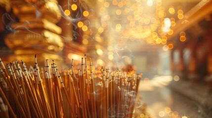 Buddhist Temple Filled with Lit Incense Sticks Creating Smoky Atmosphere and Warm Lighting