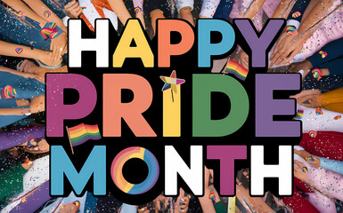 Colorful Happy Pride Month Typography design on diverse group lesbian and gay backdrop.