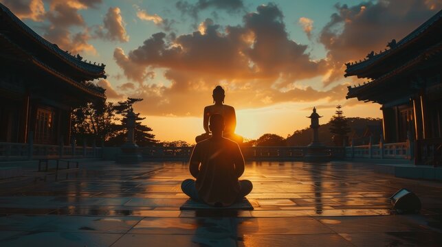 Silhouette of Man Meditating in Front of Buddha Statue at Sunrise in Temple Courtyard
