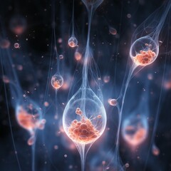 Abstract representation of biological cells in a dark, ethereal setting, showcasing cellular structures and vibrant, glowing elements.
