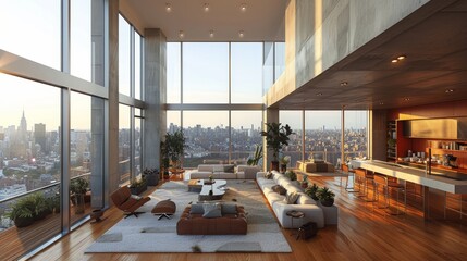 A modern loft apartment with floor-to-ceiling windows. AI generate illustration