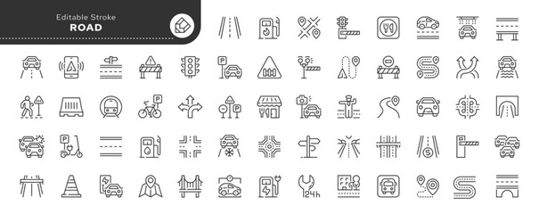 Road line icon set. Road sign, fence, highway, highway and car traffic.Series in linear style. Outline icon collection. Conceptual pictogram	