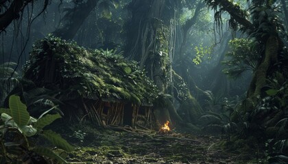 Enchanted Jungle Hut with Campfire in Dense Forest