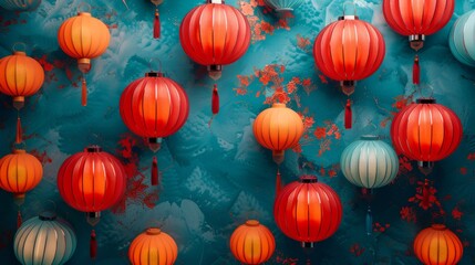 Lantern flat design top view festival theme 3D render complementary color scheme - Powered by Adobe