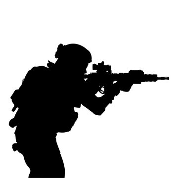 recommend clip art: Modern soldier pointing rifle vector silhouette