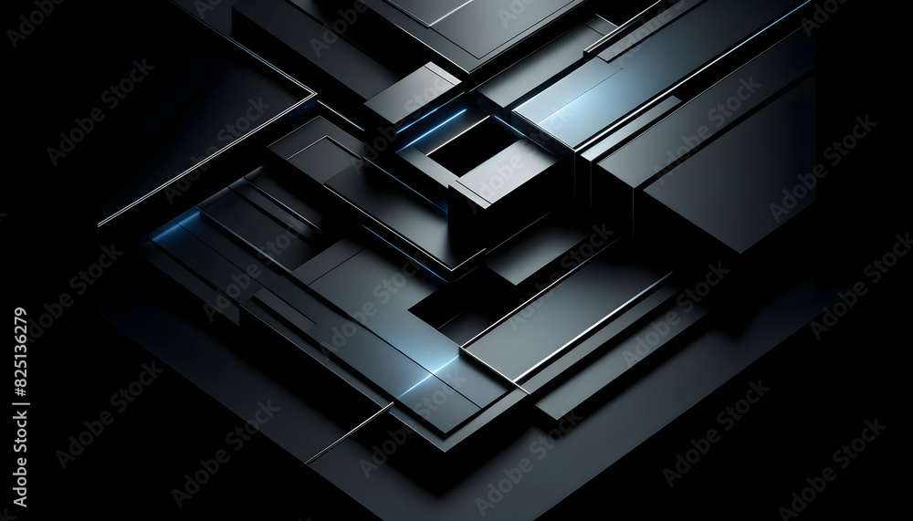 Poster intersecting dark geometric shapes with subtle blue light highlights. the sleek, futuristic composit