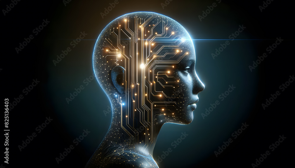Poster a human head with a digital circuit board design overlay. the profile of the head is illuminated wit