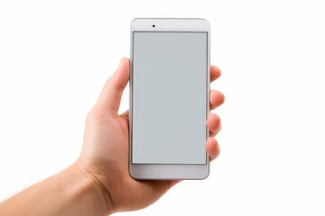 Individual holding smartphone on plain white background for versatile use in various projects
