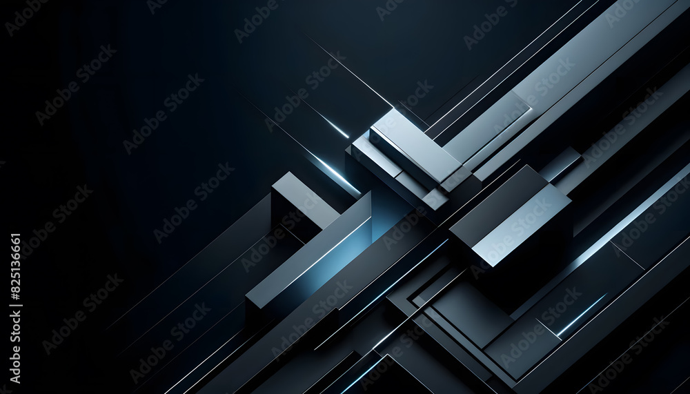Poster intersecting dark geometric shapes with subtle blue light highlights. the sleek, futuristic composit