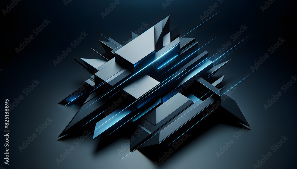 Poster intersecting dark geometric shapes with subtle blue light highlights. the sleek, futuristic composit