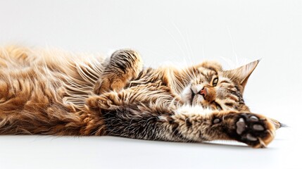 A contented Maine Coon cat sprawled luxuriously on its back, paws outstretched, basking in a warm...
