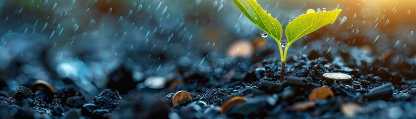 A seedling receiving water droplets with coins scattered around, symbolizing financial growth, isolated on white background, copy space, highresolution, vibrant and detailed image.