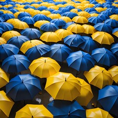 yellow umbrellas against the background of many open blue umbrellas. top view. background abstraction. individuality concept
