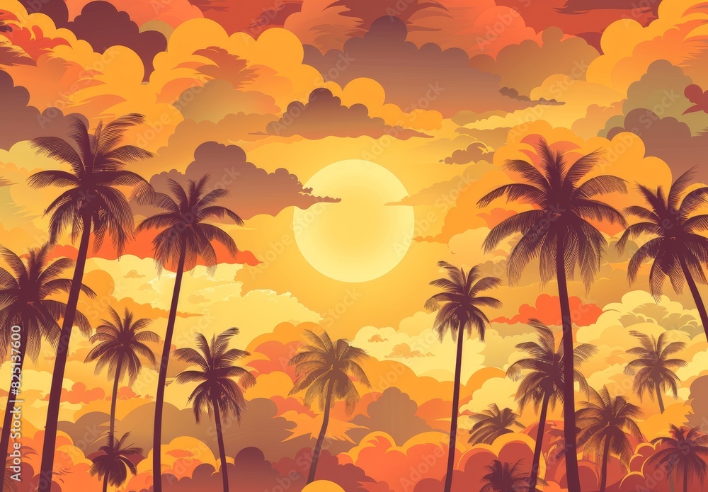 Wall mural A seamless pattern of a sunset with late afternoon light filtering through thick clouds and tall coconut trees at the beach. The sun on the horizon casts orange and red tones, and the clouds are orang