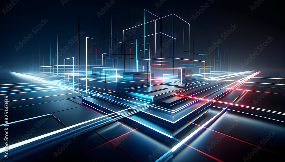 Poster intersecting dark geometric shapes with subtle blue light highlights. the sleek, futuristic composit