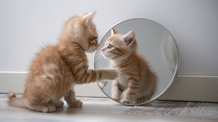 A curious orange tabby kitten, batting at its own reflection in a small silver mirror propped against a white wall.