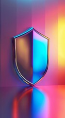 3D model of a shield icon representing risk management with a bright, multicolored backdrop