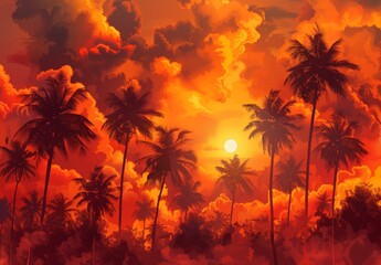 A seamless pattern of a sunset with late afternoon light filtering through thick clouds and tall coconut trees at the beach. The sun on the horizon casts orange and red tones, and the clouds are orang