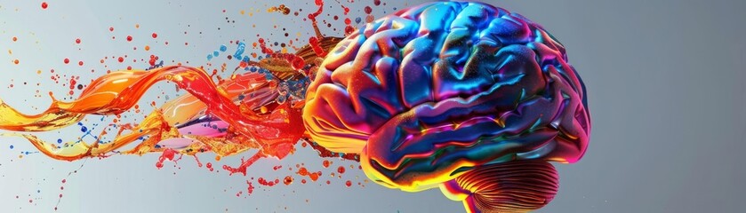 Obraz premium Visualization of human creativity and intelligence, a brain depicted in vibrant colors and dynamic splashes