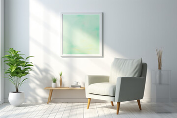 A sunlit room with a mint green accent chair against a soft grey rug, flanked by sleek white shelves holding contemporary decor, a blank white frame mockup on the wall.