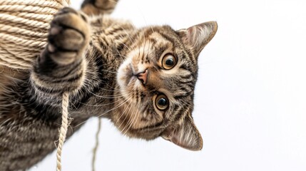 A mischievous tabby cat with a mischievous grin, tangled upside down in a ball of yarn, its paws flailing in the air against a white background.