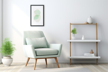 A sunlit room with a mint green accent chair against a soft grey rug, flanked by sleek white shelves holding contemporary decor, a blank white frame mockup on the wall.