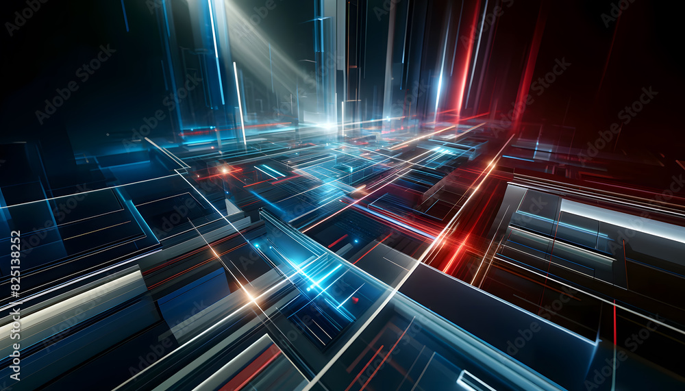Poster intersecting dark geometric shapes with subtle blue light highlights. the sleek, futuristic composit