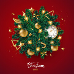 Merry Christmas Happy New Year 2025 Poster. Xmas Fir Tree Branches, Golden Baubles, Moon, Clock on Red Background. Vector illustration. Pattern holiday frame template design, promo banner, flyer