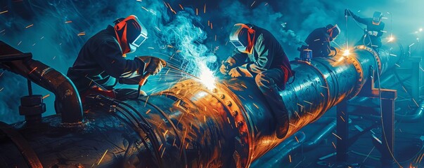 Fototapeta premium A team of welders working on a large pipeline, heavy industry, illustration, bright sparks and dark hues