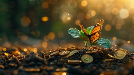A vibrant seedling growing with a butterfly landing on it and gold coins surrounding, financial prosperity theme, highresolution, sharp detail, bright and colorful image.