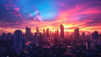 Fototapeta premium Stunning cityscape during vibrant sunset with colorful sky and skyscrapers silhouette, showcasing urban beauty and breathtaking views.